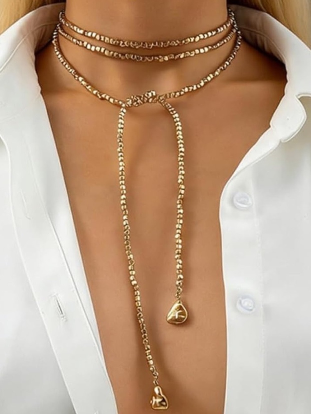 Anthropologie Gold Layered Lariat Necklace with Beaded Drop - Picture 5 of 5